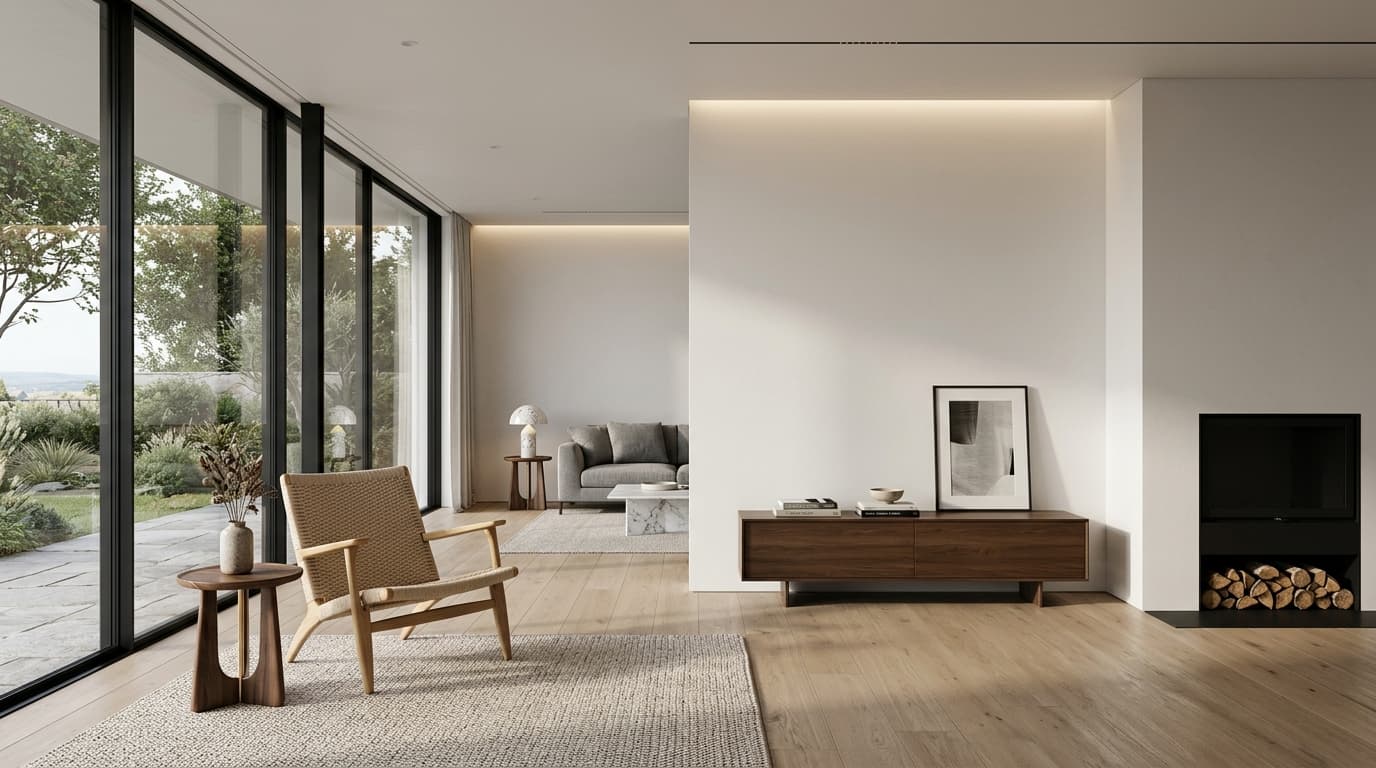 Living room cu perete perfect tencuit și gletuit